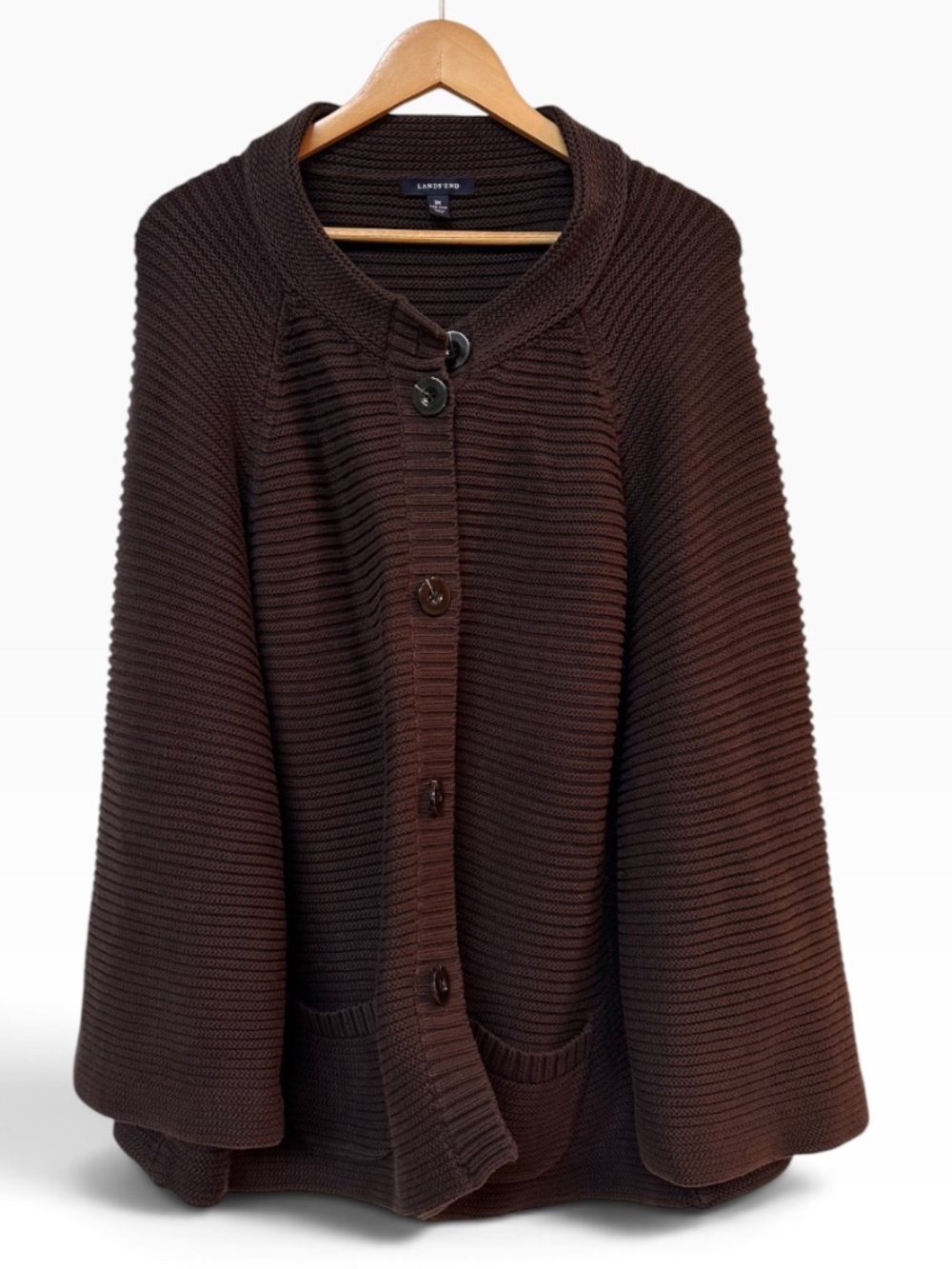Lands End Womens 3X Brown Ribbed Knit Button Front Cape Cardigan Sweater - Picture 2 of 4